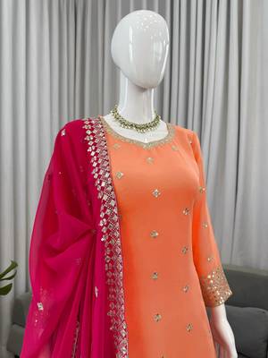 Premium faux georgette embroidered kurti plazo set with designer dupatta 3