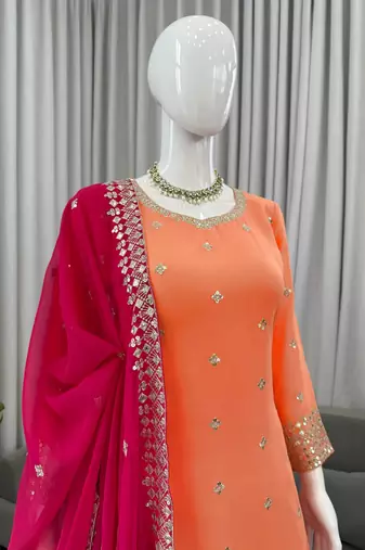 Premium faux georgette embroidered kurti plazo set with designer dupatta