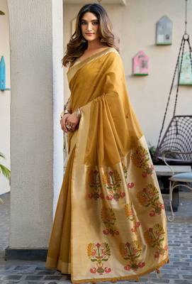Mustard cotton jacquard woven with zari border & tassels saree with blouse 2