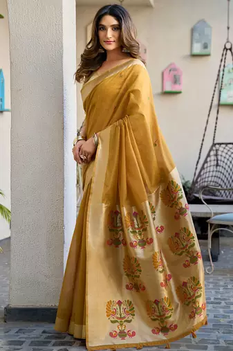 Mustard cotton jacquard woven with zari border & tassels saree with blouse
