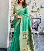 Sea green cotton jacquard woven with zari border & tassels saree with blouse