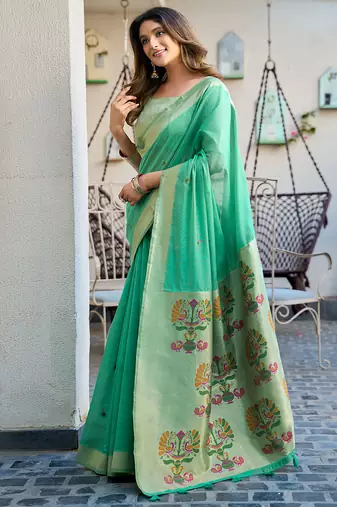 Sea green cotton jacquard woven with zari border & tassels saree with blouse
