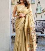 Cream cotton jacquard woven with zari border & tassels saree with blouse