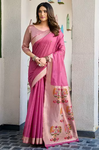 Pink cotton jacquard woven with zari border & tassels saree with blouse