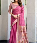 Pink cotton jacquard woven with zari border & tassels saree with blouse