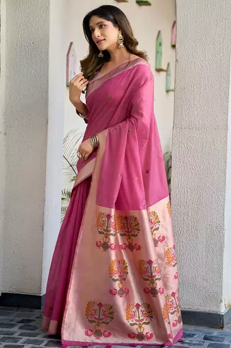 Pink cotton jacquard woven with zari border & tassels saree with blouse