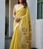 Yellow cotton jacquard woven with zari border & tassels saree with blouse