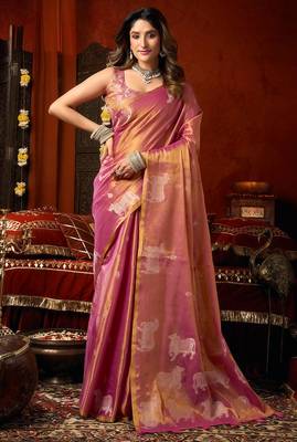 Pink heavy tissue allover cow woven butta with tassels saree with blouse 1
