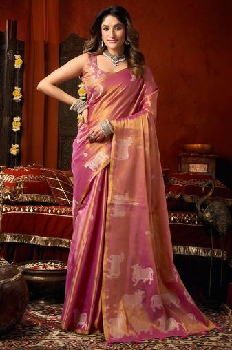 Pink heavy tissue allover cow woven butta with tassels saree with blouse