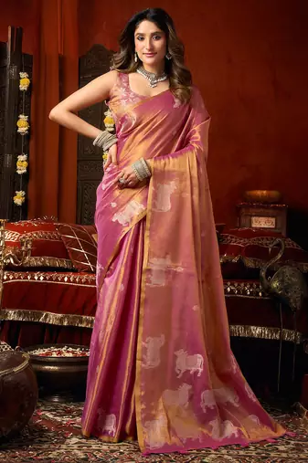 Pink heavy tissue allover cow woven butta with tassels saree with blouse