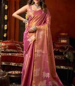 Pink heavy tissue allover cow woven butta with tassels saree with blouse