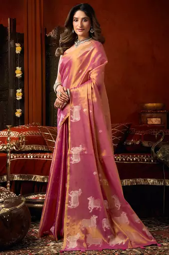 Pink heavy tissue allover cow woven butta with tassels saree with blouse