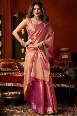 Pink heavy tissue allover cow woven butta with tassels saree with blouse 3