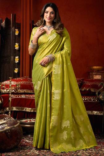 Parrot green heavy tissue allover cow woven butta with tassels saree with blouse