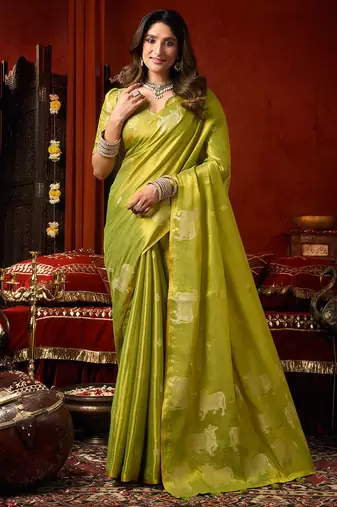 Parrot green heavy tissue allover cow woven butta with tassels saree with blouse