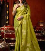 Parrot green heavy tissue allover cow woven butta with tassels saree with blouse