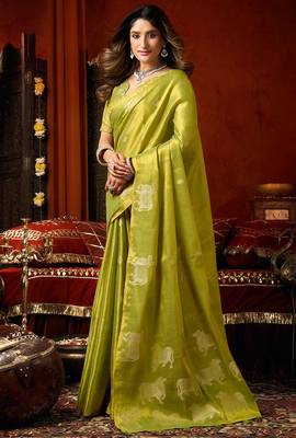 Parrot green heavy tissue allover cow woven butta with tassels saree with blouse 2