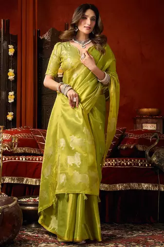 Parrot green heavy tissue allover cow woven butta with tassels saree with blouse