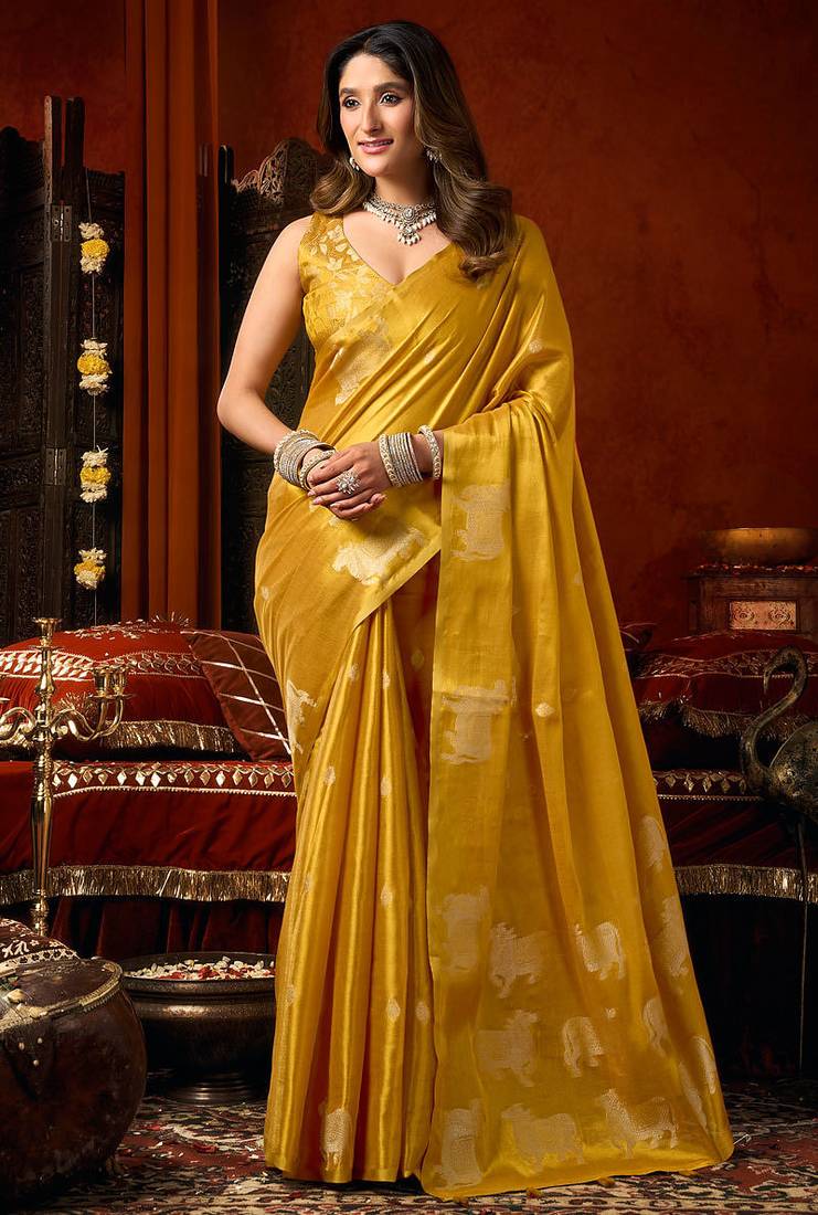Mustard heavy tissue allover cow woven butta with tassels saree with blouse