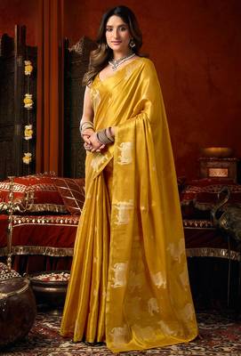 Mustard heavy tissue allover cow woven butta with tassels saree with blouse 2