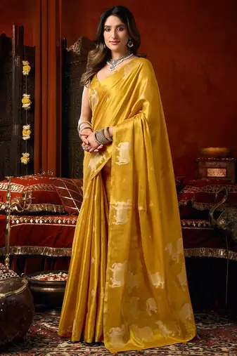 Mustard heavy tissue allover cow woven butta with tassels saree with blouse