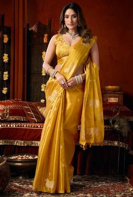 Mustard heavy tissue allover cow woven butta with tassels saree with blouse 3