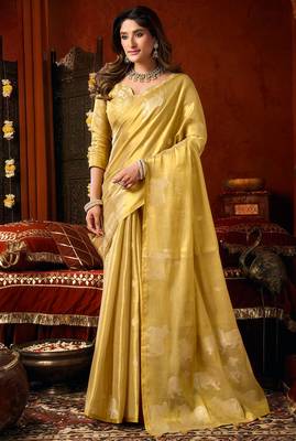 Yellow heavy tissue allover cow woven butta with tassels saree with blouse 1