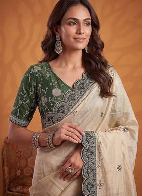 Cream Color Dori And Gotta Pati Work Silk Blend Saree 1