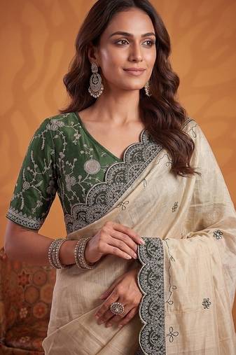 Cream Color Dori And Gotta Pati Work Silk Blend Saree