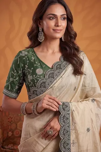Cream Color Dori And Gotta Pati Work Silk Blend Saree