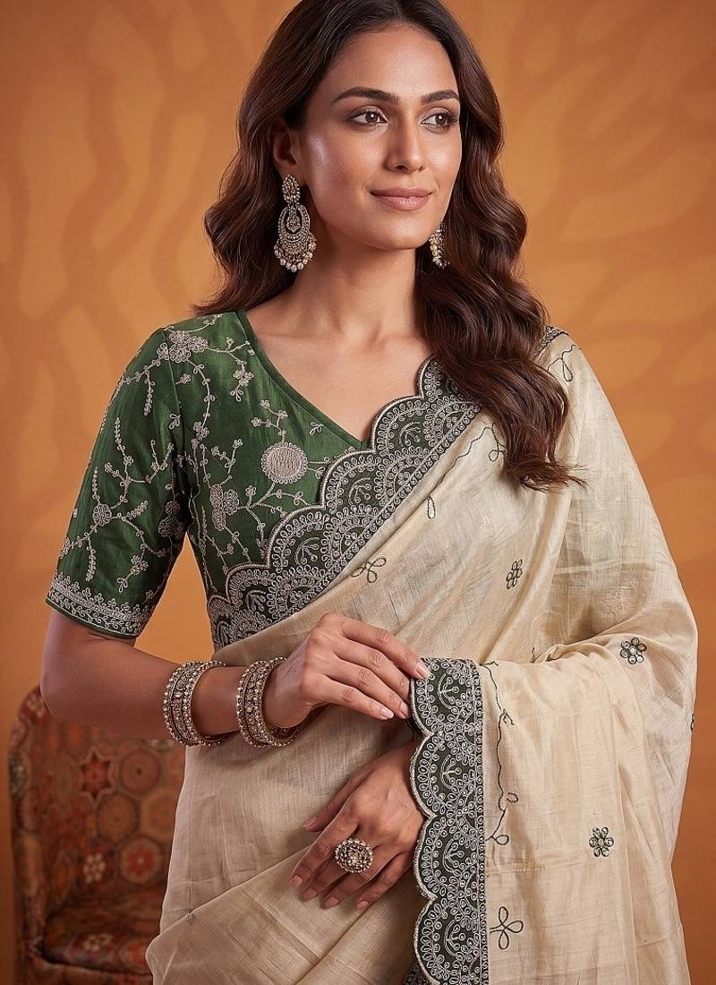Cream Color Dori And Gotta Pati Work Silk Blend Saree