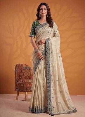 Cream Color Dori And Gotta Pati Work Silk Blend Saree 2