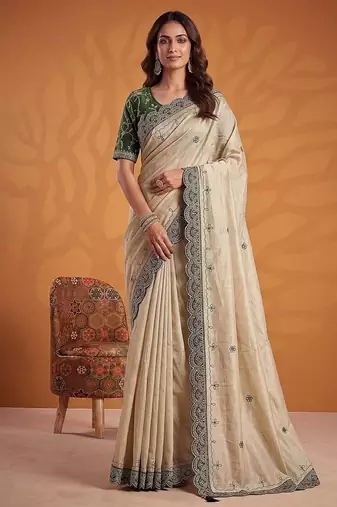 Cream Color Dori And Gotta Pati Work Silk Blend Saree