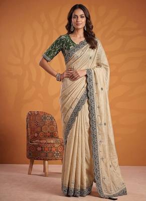 Cream Color Dori And Gotta Pati Work Silk Blend Saree 3