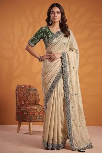 Cream Color Dori And Gotta Pati Work Silk Blend Saree