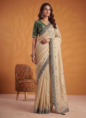Cream Color Dori And Gotta Pati Work Silk Blend Saree 4