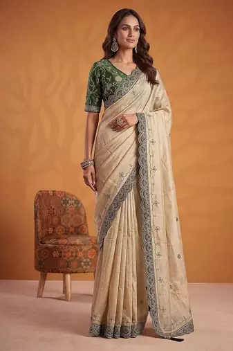 Cream Color Dori And Gotta Pati Work Silk Blend Saree