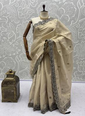 Cream Color Dori And Gotta Pati Work Silk Blend Saree 5