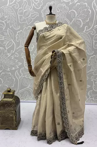 Cream Color Dori And Gotta Pati Work Silk Blend Saree