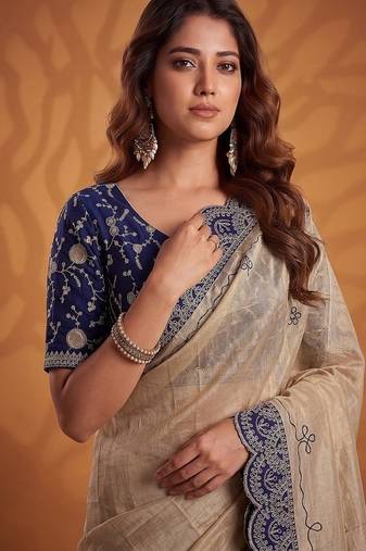 Cream Color Dori And Gotta Pati Work Silk Blend Saree