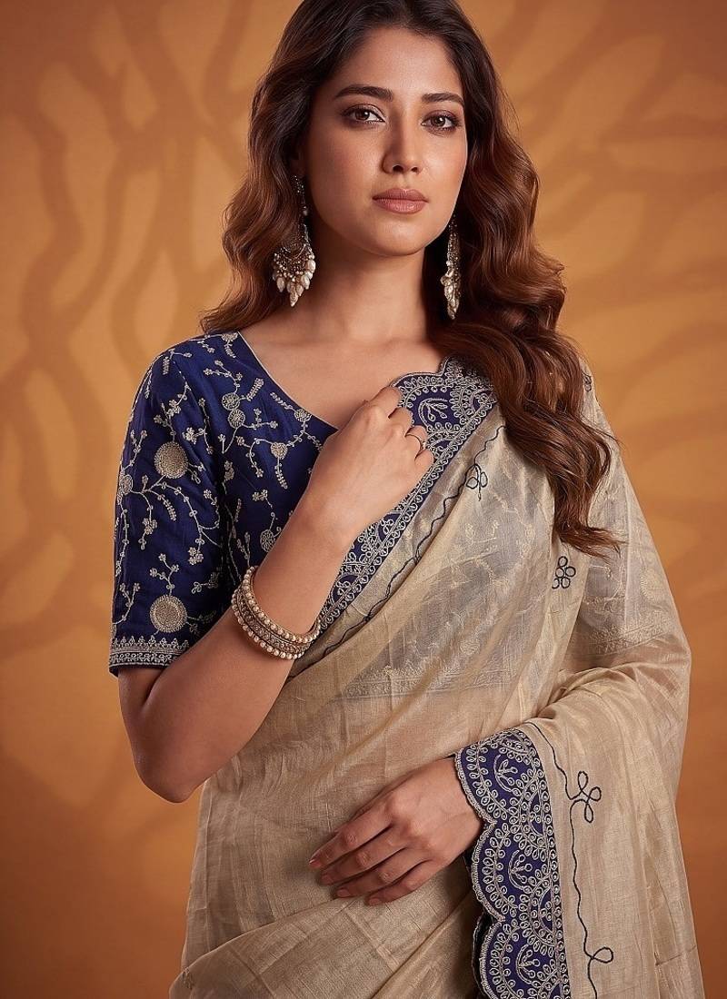 Cream Color Dori And Gotta Pati Work Silk Blend Saree