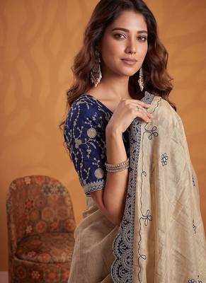 Cream Color Dori And Gotta Pati Work Silk Blend Saree 2