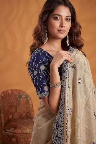 Cream Color Dori And Gotta Pati Work Silk Blend Saree