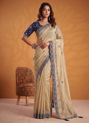 Cream Color Dori And Gotta Pati Work Silk Blend Saree 3