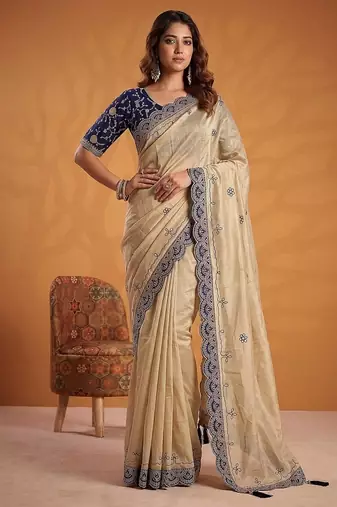Cream Color Dori And Gotta Pati Work Silk Blend Saree