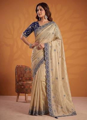 Cream Color Dori And Gotta Pati Work Silk Blend Saree 4