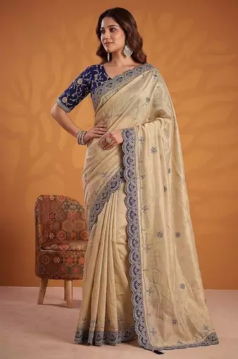 Cream Color Dori And Gotta Pati Work Silk Blend Saree