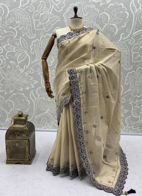 Cream Color Dori And Gotta Pati Work Silk Blend Saree 5