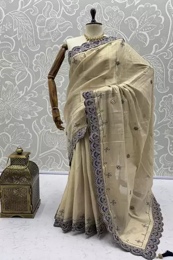 Cream Color Dori And Gotta Pati Work Silk Blend Saree