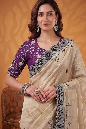Cream Color Dori And Gotta Pati Work Silk Blend Saree
